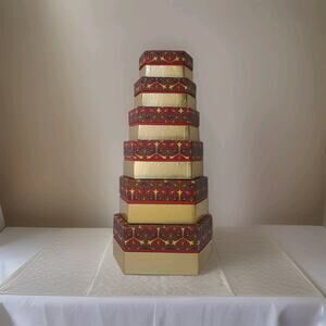 Set Of 6 Nesting Stacking Gift/ Keepsake Boxes Craft Sewing Photo Red Green Gold